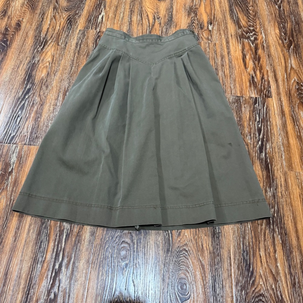 VTG Liz Claiborne 8 Midi Skirt Womens Green Pleated V-Yoke Cotton Twill FLAW